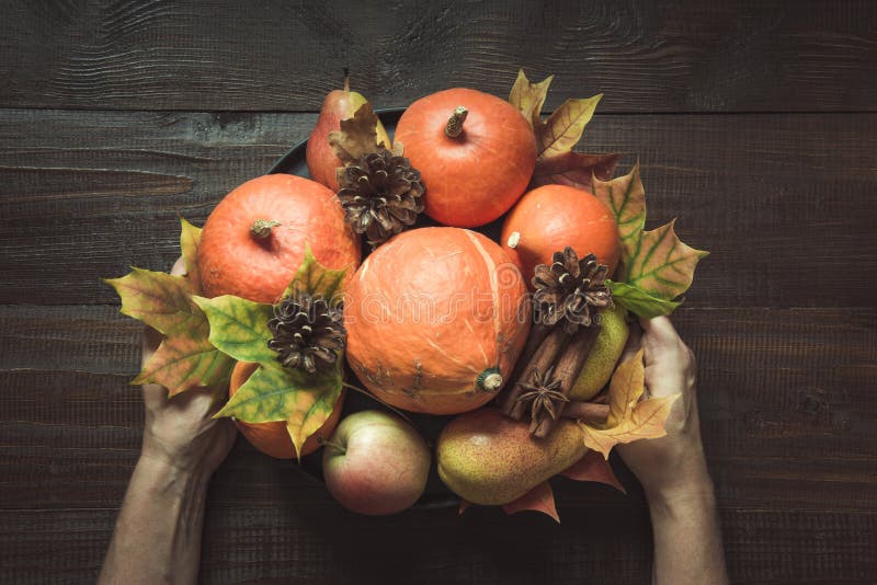 Natura morta di autunno con le foglie variopinte, zucche arancio mature, mele sul bordo di legno Ringraziamento dei centri immagini stock