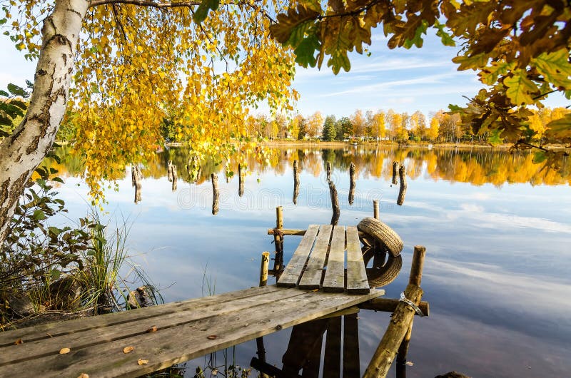 Natural Autumn Frame with Swedish Lake Stock Image - Image of blue ...