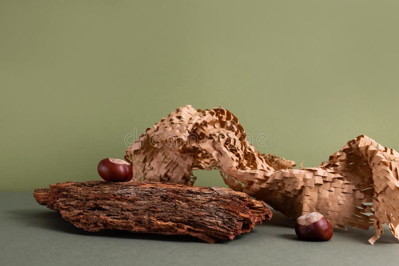 Natural background podium for cosmetic products created from wood, bark and paper on green background. Creative modern stock photography