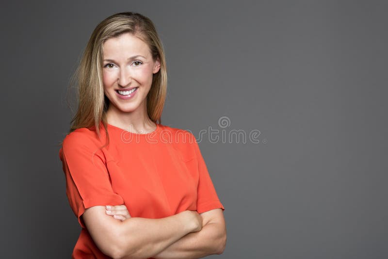 Beautiful Older Woman Smiling with Sweater Stock Photo - Image of blue ...