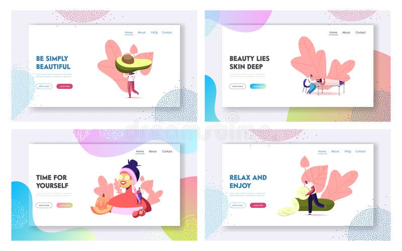 Natural Beauty and Cosmetology Relaxation Landing Page Template Set. Tiny Characters around Huge Woman with Facial Mask