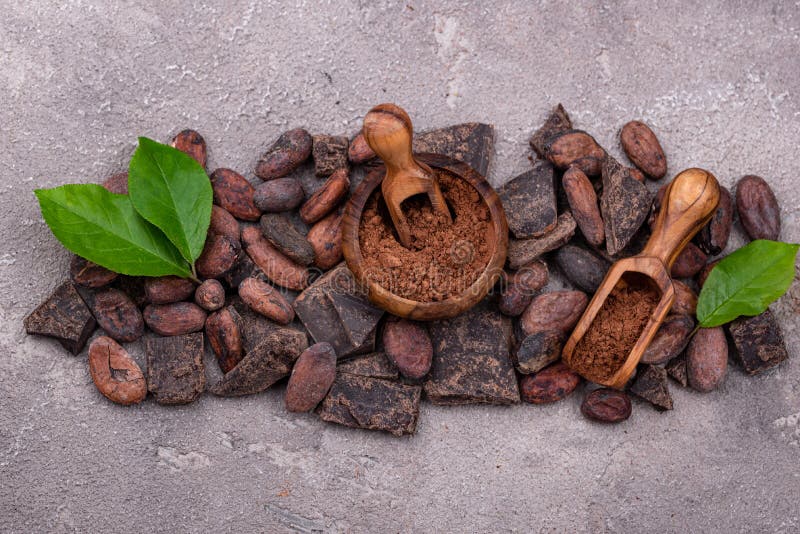 Natural Cocoa Powder, Cocoa Beans and Chocolate Stock Image Image of