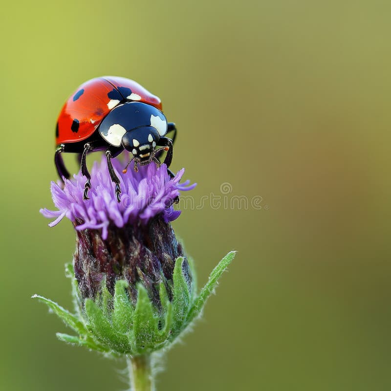 In a natural garden setting, a ladybug rests on a purple flower petal stock image