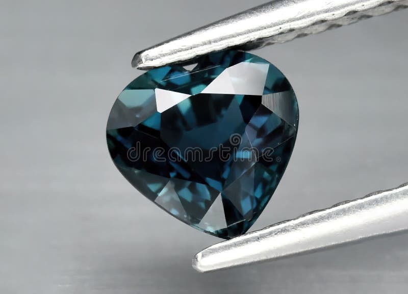 Natural gemstone blue sapphire in tweezers on a gray background stock illustration