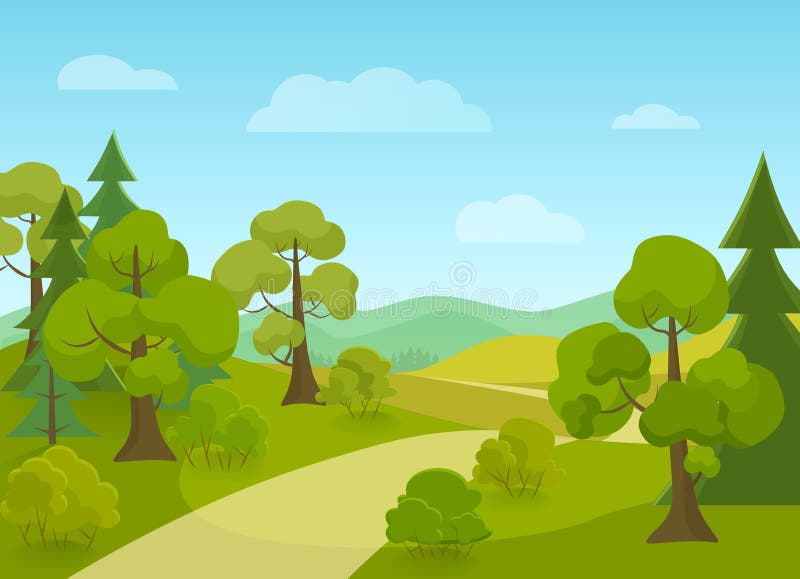 Natural landscape with village road and trees. Cartoon vector illustration.