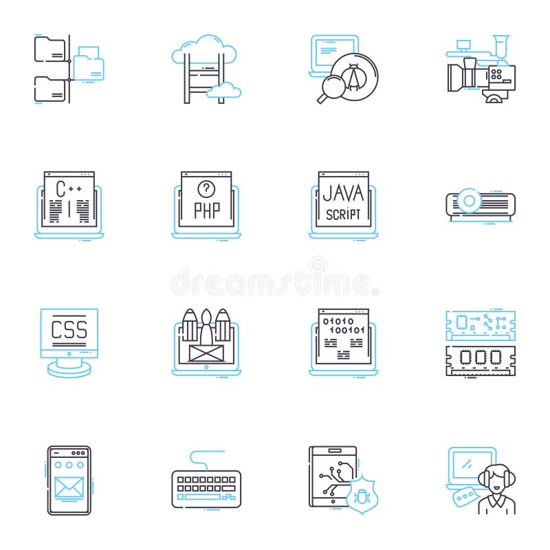 Natural language linear icons set. Syntax, Semantics, Morphology, Pragmatics, Discourse, Phonology, Lexicon line vector royalty free illustration