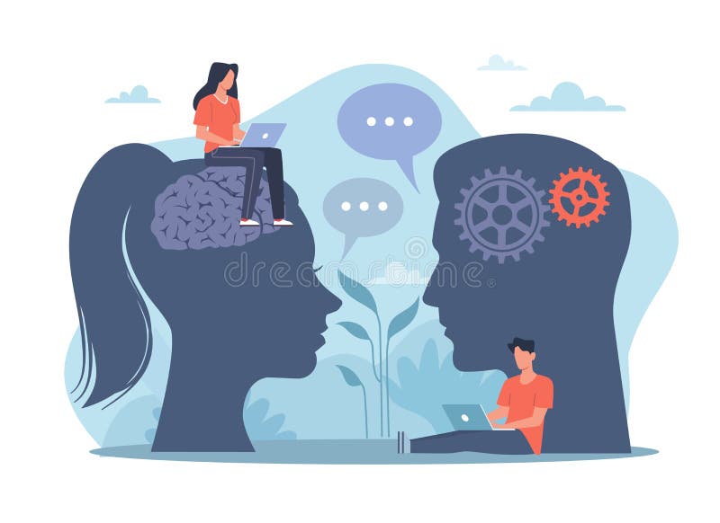 Natural language processing or Neuro-linguistic programming, artificial intelligence technology. Head with brains and stock illustration