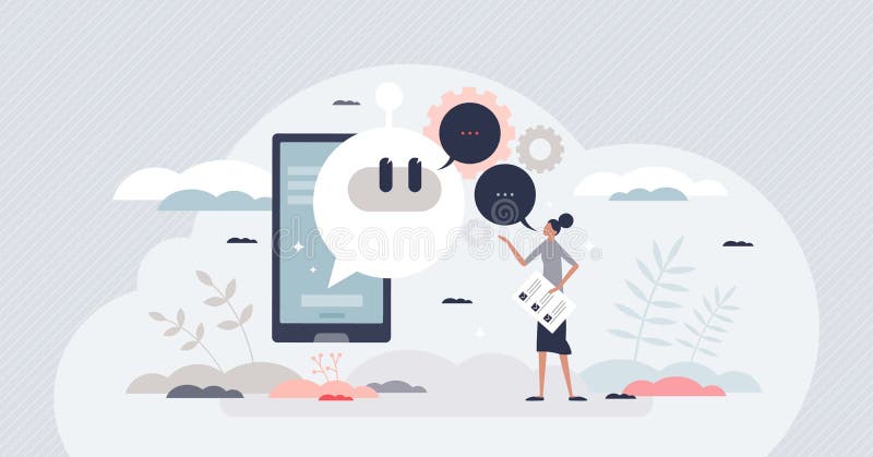 Natural language processing and robot communication tiny person concept stock illustration
