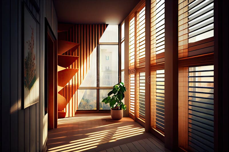 Natural Light Filtering through Window Louver, Illuminating Interior Space Stock Illustration