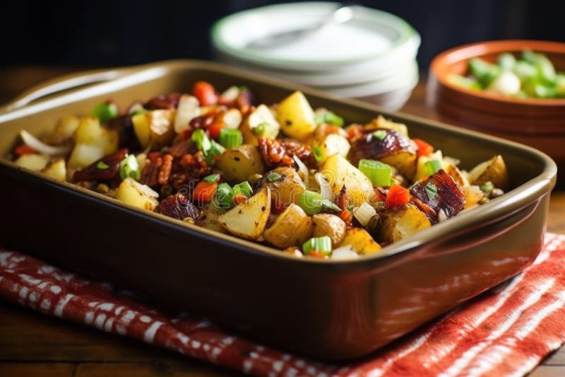 Natural light hitting a tray of barbecue potato salad royalty free stock image