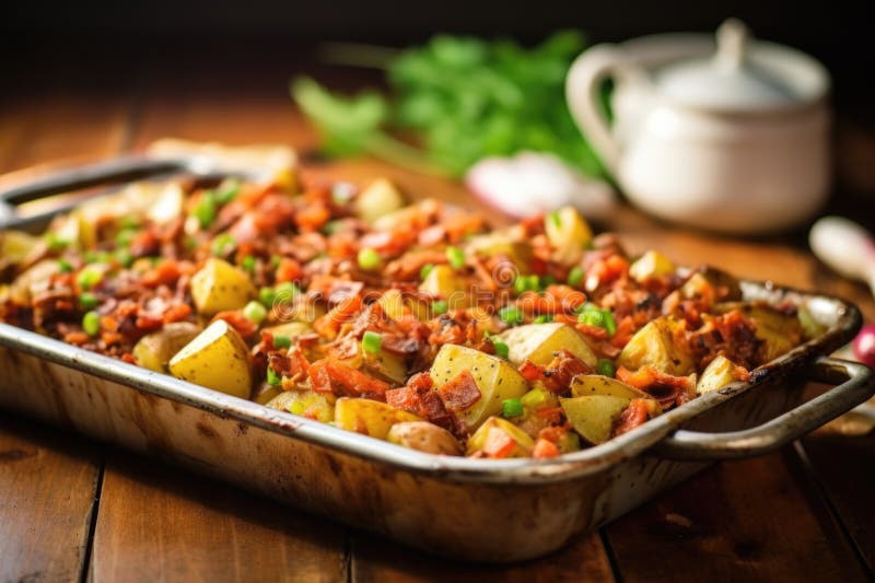 Natural light hitting a tray of barbecue potato salad stock image