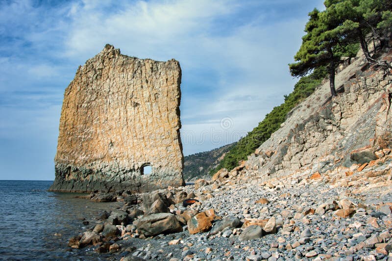 Rocky coast of the Black Sea. Rock the Sail. Krasnodar Territory, Gelendzhik, Russia