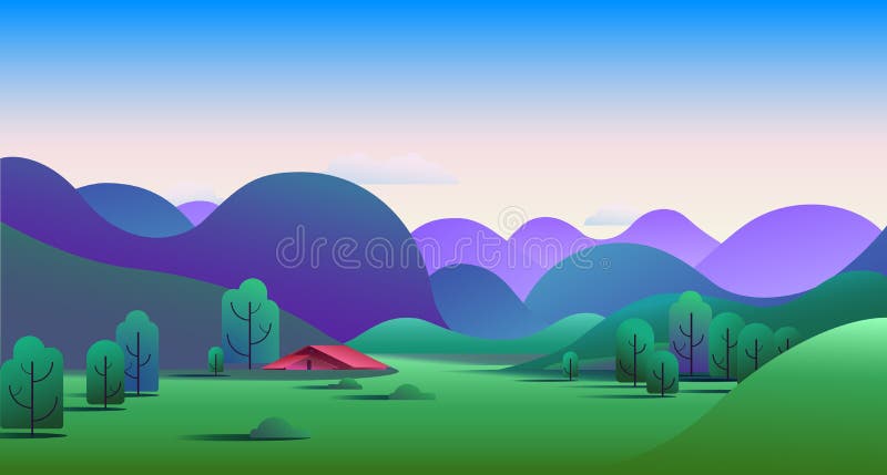 Natural morning landscape with green hills, trees, mountains and camping tent on meadow - vector illustration background