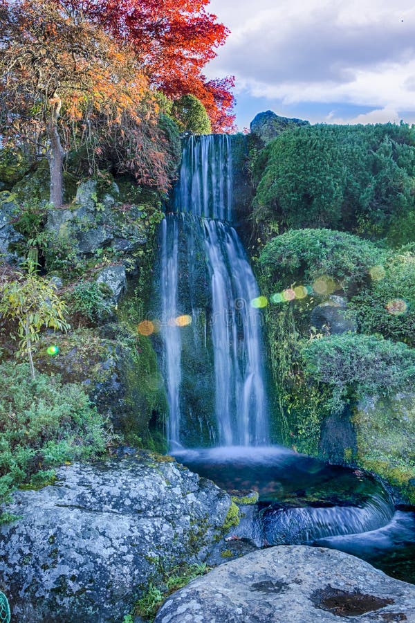 Natural Picturesque Scenery of Tranquil Multiple Waterfalls At Kawaguchiko Lake in Japan At Fall Season