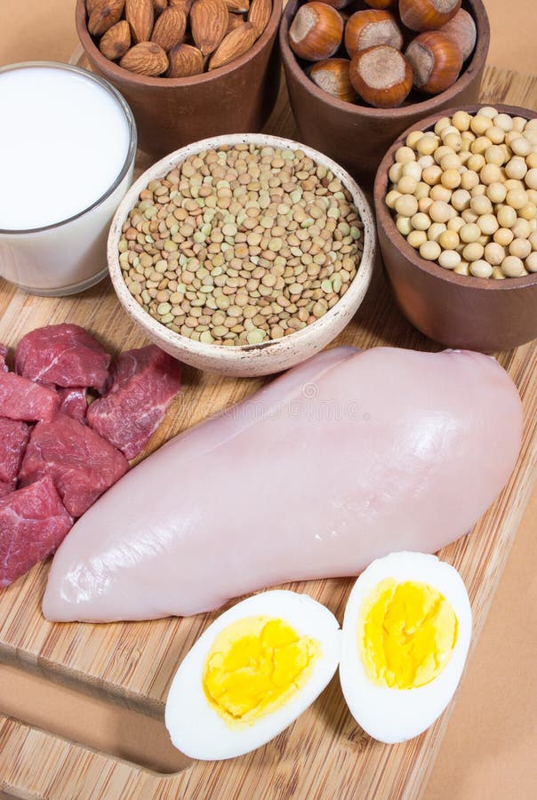 Natural Products Containing Plant and Animal Proteins. Stock Photo Image of walnuts, diet