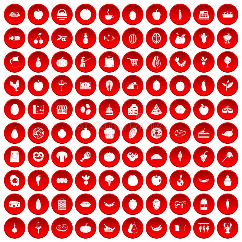 100 natural products icons set red stock illustration 100 natural products icons set red stock illustration