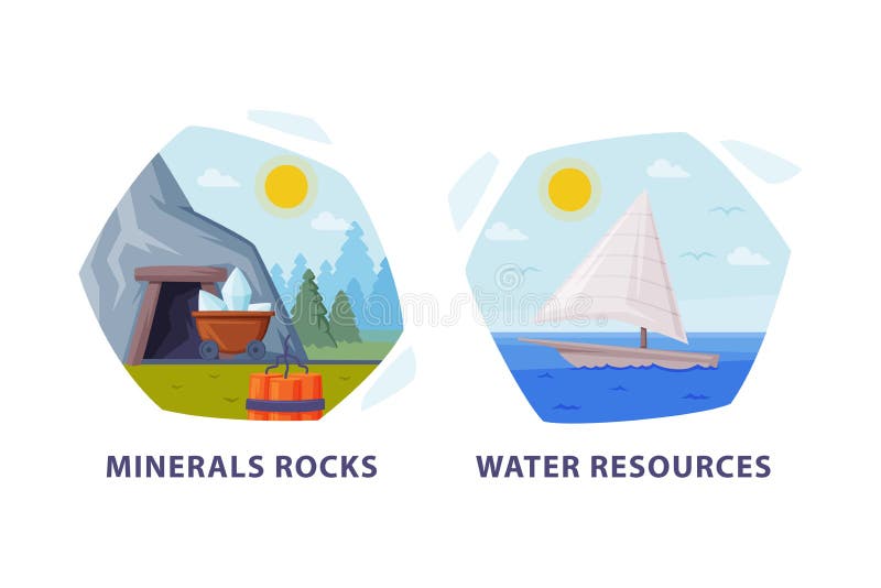 Natural Resource with Water and Minerals Hexagonal Shape Picture Vector Set Stock Vector