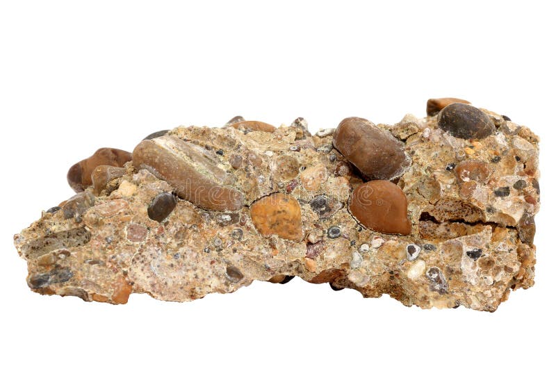 Natural sample of conglomerate rock from cemented gravel and pebbles on white background