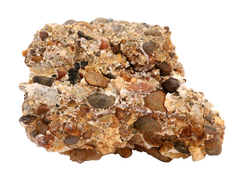 Natural sample of conglomerate rock from cemented gravel and pebbles on white background
