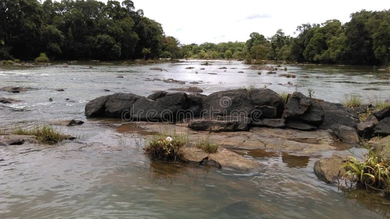 Natural scene with running river water with black stones