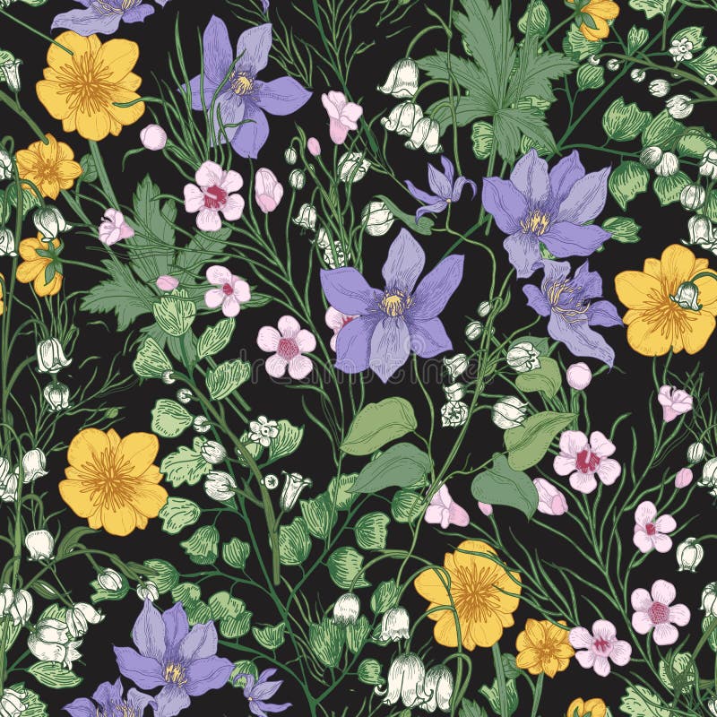 Natural seamless pattern with gorgeous tender blooming flowers and flowering herbaceous plants on black background