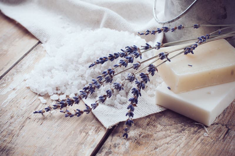 Natural soap, lavender, salt, cloth