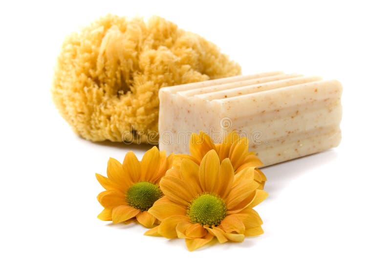 Natural sponge, soap and flowers