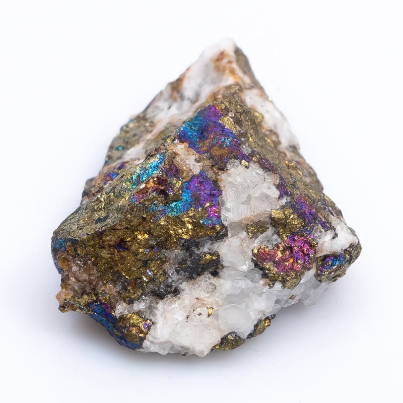 Natural stone chalcopyrite on a white background. Mineral of golden color on a white background