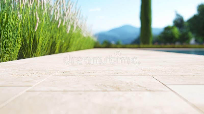 Natural stone pool area showcasing luxury with lush greenery and elegant water features stock photos