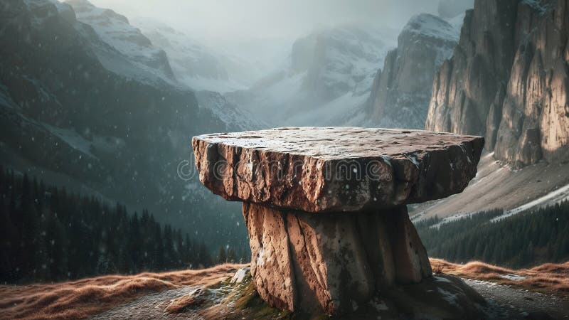 Natural Style Display Table for Product Showcase in a Snowy Mountain Range. vector illustration