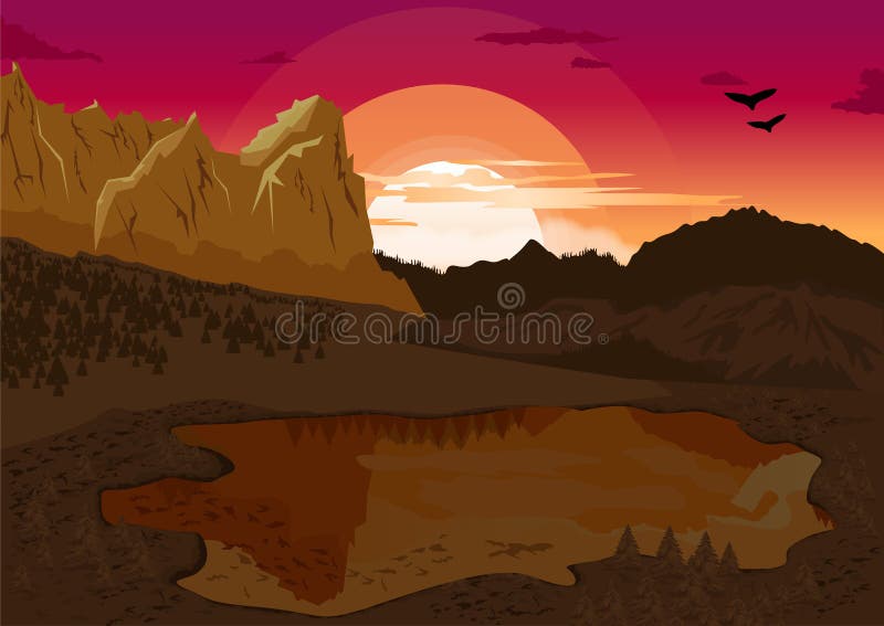 Natural summer landscape with mountain lake and silhouette of the birds at dawn