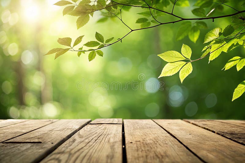 Close up top wooden table with sunny abstract green nature background, blurred bokeh stock illustration