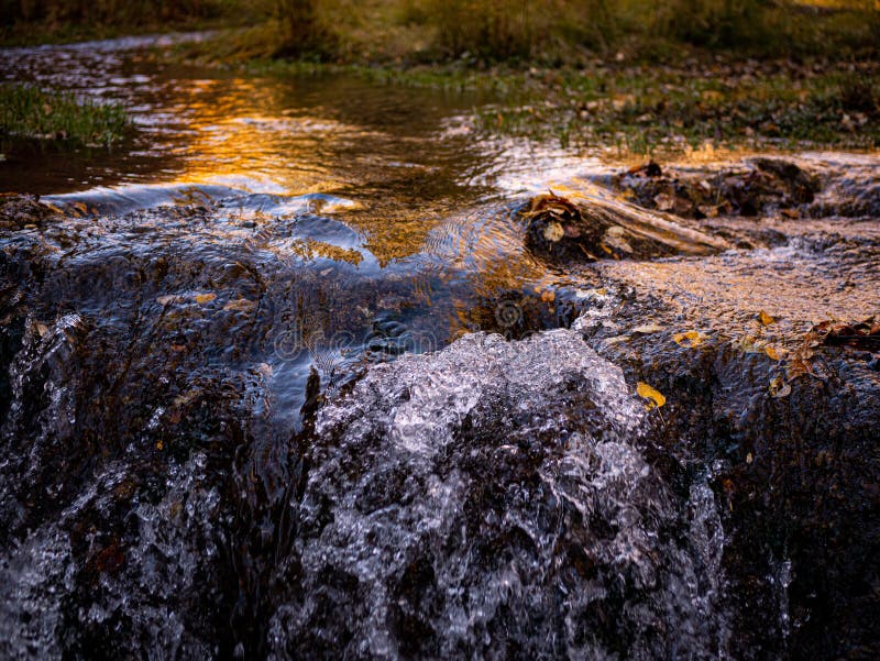 Natural View of a Small Waterfall at Big Spring Hills Park West Airdrie in Alberta, Canada Stock