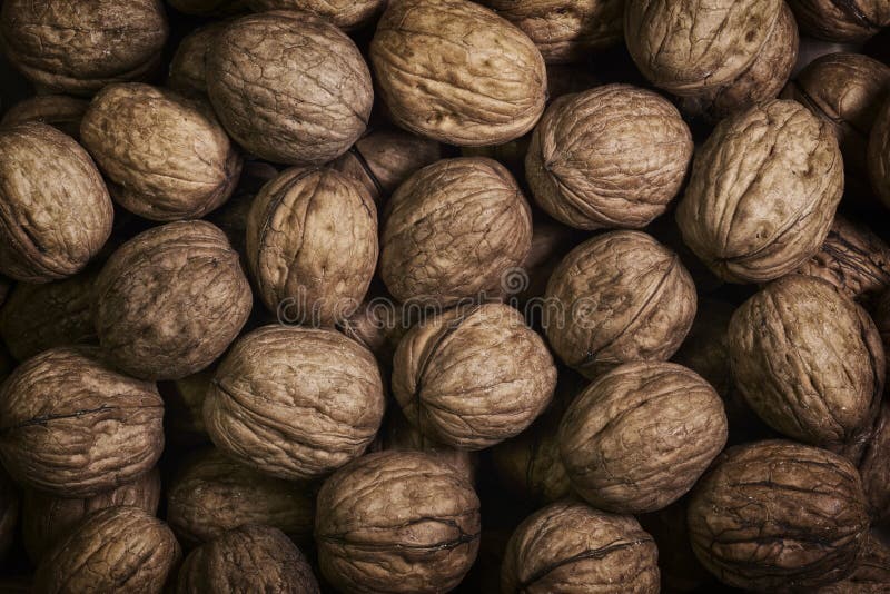 Natural walnut background pattern texture Abstract walnuts heap pattern background. Blurred edges frame Natural food in-shell nuts stock photo