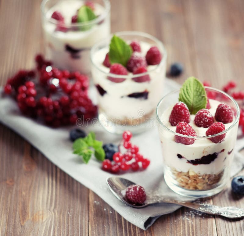 Natural Yogurt with Fresh Berries and Muesli. Healthy Dessert Stock ...