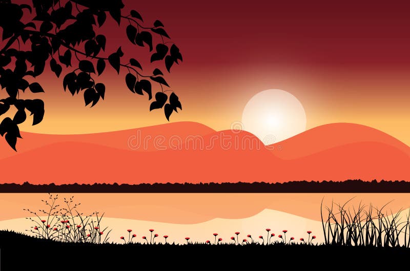 Naturaleza hermosa en la puesta del sol, ejemplos del vector stock de ilustración Naturaleza hermosa en la puesta del sol, ejemplos del vector stock de ilustración