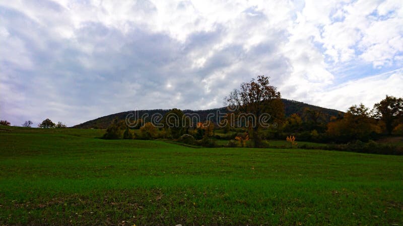 Naturalne krajobrazowe pola krajobrazowe, drzewa i góry fotografia royalty free