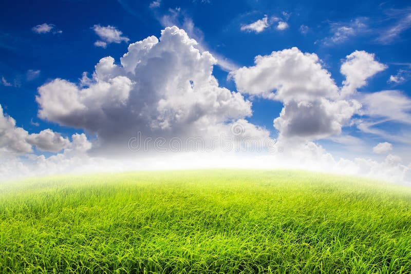 Naturbakgrund, fält och blå himmel med molnbakgrund