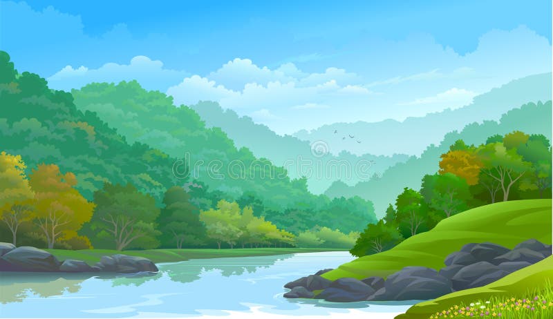 Dense green forest along side a river and a few rocks royalty free illustration