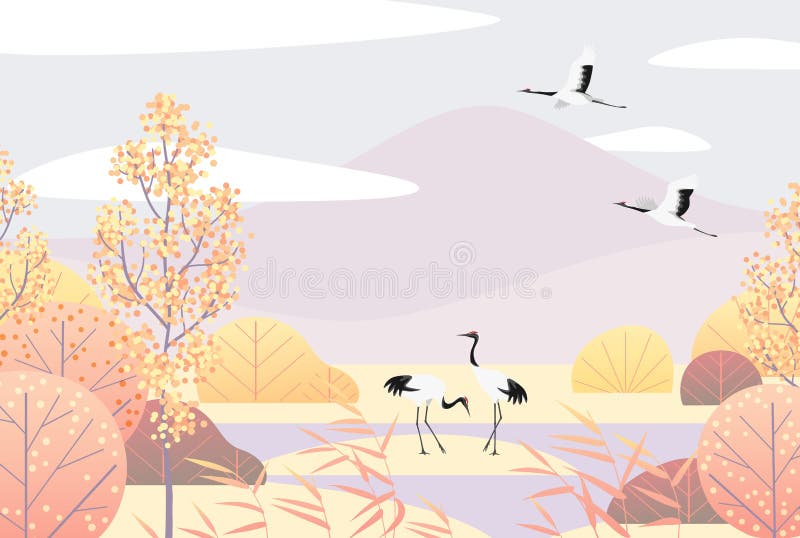 Simple Autumn Lanscape with Red-crowned Cranes