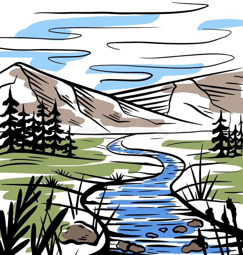 Nature Sketch of a Meadow with a River, Mountains and Firs. Tranquil