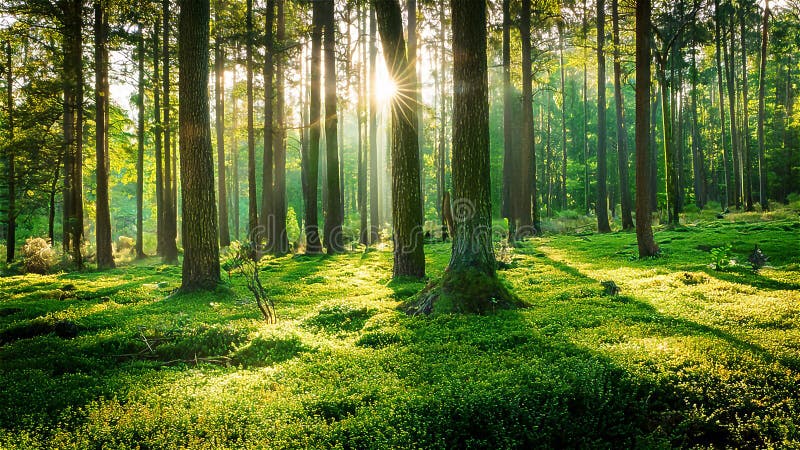 Images, Tall trees stretch upward in a sunlit forest, with their trunks casting long shadows on the dense, green undergrowth. Sunlight filters through the canopy, creating bright patches and highlighting the texture of the leaves. The scene exudes serenity and natural beauty. Dense patches stock images, royalty-free photos and pictures