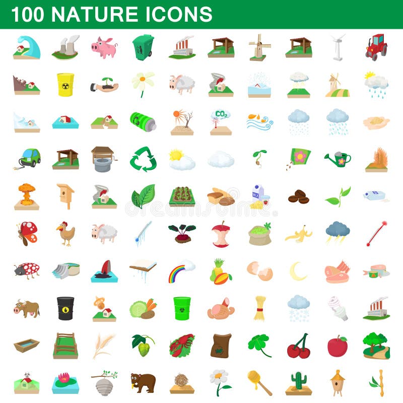 100 nature icons set, cartoon style