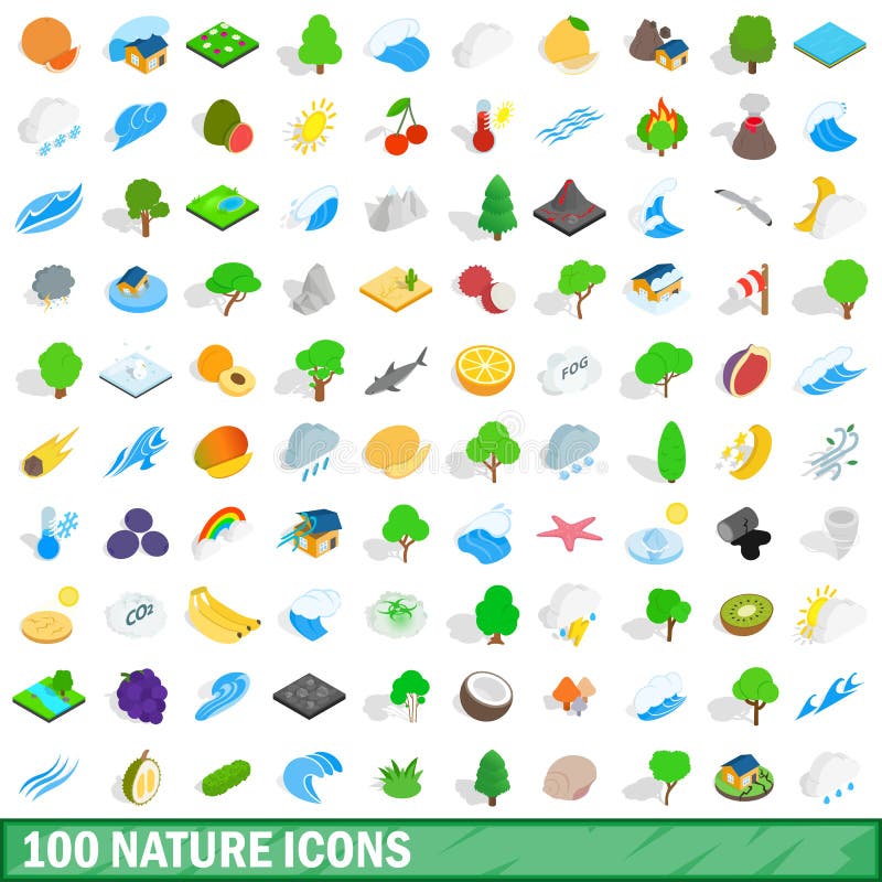 100 nature icons set, isometric 3d style