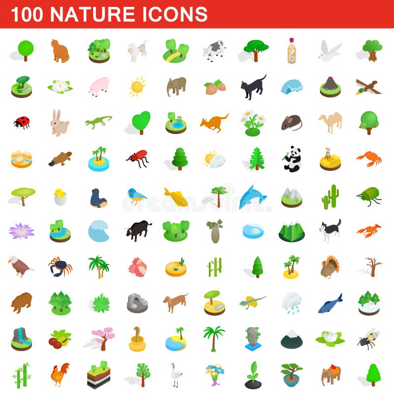 100 nature icons set, isometric 3d style