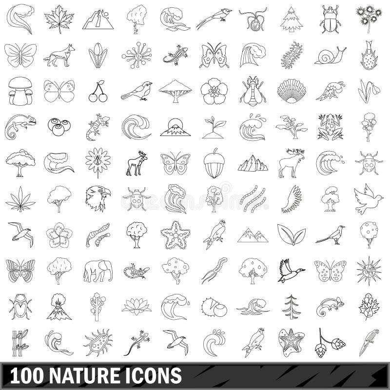 100 nature icons set, outline style