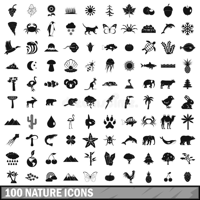 100 nature icons set, simple style