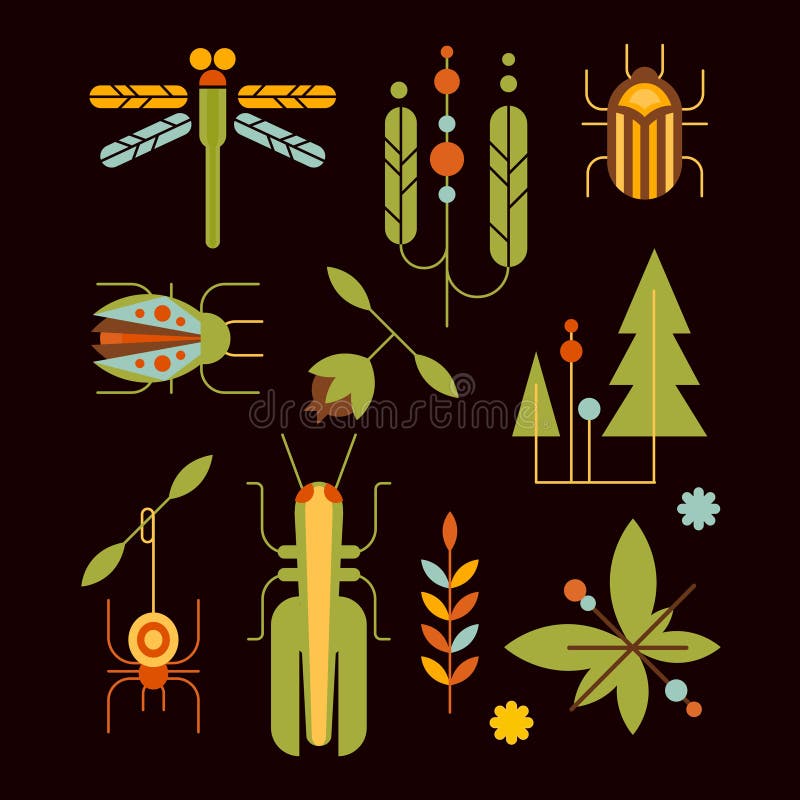 Nature, Insects, Leaves and Tree Icons Vector