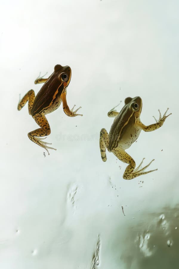 Nature-inspired leap concept featuring frogs on abstract water textures stock photo