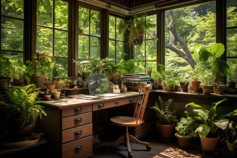 Nature-inspired study space with wooden desk, potted plants, and large window stock illustration